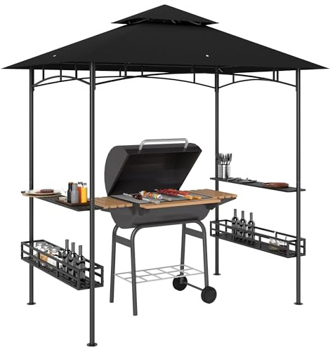 Outsunny Grillüberdachung, Empfangszelt für den Garten, Haken an der Decke, Regale und seitliche Aufbewahrungskörbe, verzinkte Metallkonstruktion, 240 x 150 x 257 cm, dunkelgrau