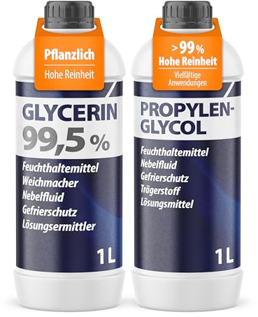 Glycerin 99,5% & Propylenglykol 99,9%, pflanzlich, Set 2×1 L | Liquid Base flüssig, PG VG, Nebelmaschinen Flüssigkeit, Nebelfluid