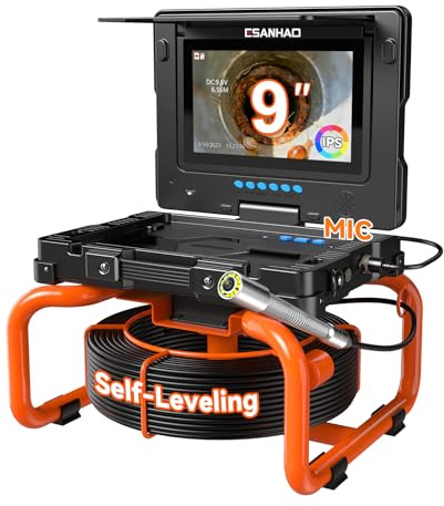 Telecamera Ispezione Tubazioni con Schermo IPS 9'', Camera Fognature Autolivellante con Contatore Distanza, HD 1080P Endoscopio per Tubi con Registrazione Video e Audio, 32 GB (9''-23MM/100FT)