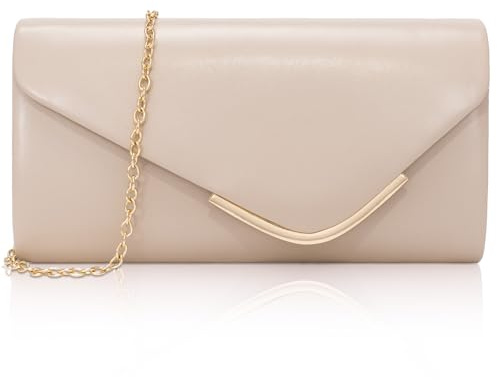 Toptime Damen-Handtasche aus nacktem Leder, klein mit abnehmbarer Metallkette, elegante geschwungene Abendtasche mit Innentasche, modische Umhängetasche, Beige für Hochzeiten