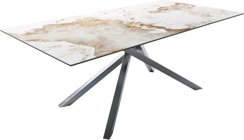 DELIFE Outdoortisch Edge 200x100 cm Keramik Minas Melange Weiß-Beige Kreuzgestell Rechteck Edelstahl