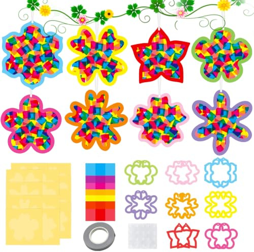 Nify 16-Teilige Packung Blumen Basteln- und Sternschablonen, Buntes Papier-Set für Fensterbilder und Papierblumen, DIY Deko mit Klebepunkten