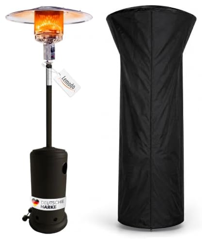 Lemodo Heizpilz 14 kW, Gasheizer schwarz mit Abdeckhaube | Gasheizstrahler mit Piezo-Zündung, Umkippsicherung, stufenlos regulierbar, mit Rollen, Schutzhülle, für Terrasse und Garten