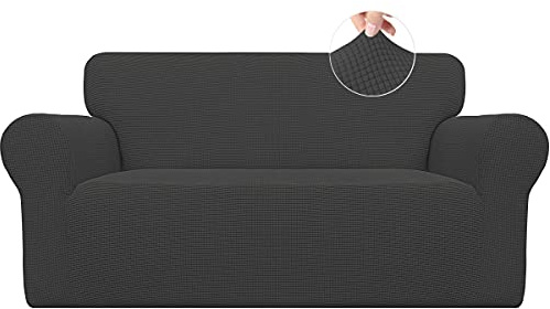 Easy-Going Stretch Loveseat Slipcover 1-Piece Sofa Cover Furniture Protector Couch Soft with Elastic Bottom for Kids Polyester Spandex Jacquard Fabric Small Checks (Loveseat, Dark Gray)