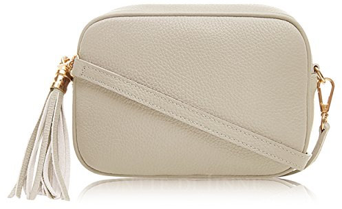 Montte Di Jinne - 100% Made in Italy - Soft Leather Leather Women's Cross Body Bag with Tassel key Ring (Cream)