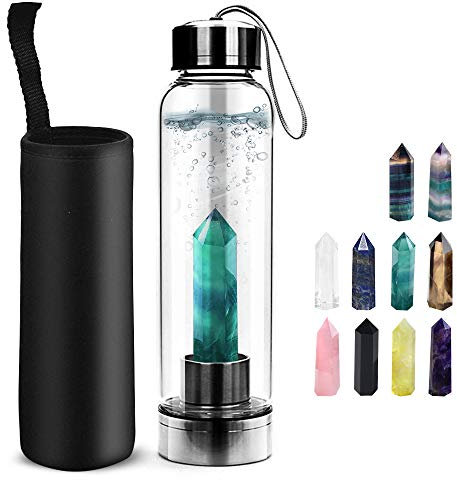 Tyuodna Crystal Water Bottle, Removable Natural Crystal Quartz Water Bottle, Healing Natural Quartz Water Bottle BPA and BPS Free, Portable Leak Proof Gemstone Bottle 550ml (Emeraldine Green+Bottle)
