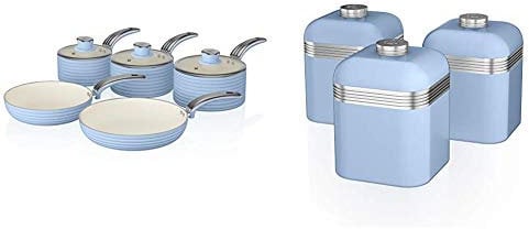 Swan Retro Induction Pan Set, Non Stick Ceramic Coating, Easy to Clean, Blue, 5 Piece, 16/18/20 cm Saucepans, 20/28 cm Frying Pans & Retro Kitchen Storage Canisters, Iron, Blue, Set of 3