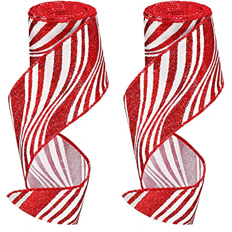 2 Rollen 2,5 Zoll x 6 Yards Rot und Weiß Weihnachtsband mit Drahtkanten DIY Basteln Band für Weihnachtsbaum Dekorationen Kranz Schleifen Verpackung Zubehör (Weiß und Rot Streifen)