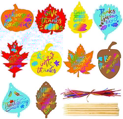 60 Stück Thanksgiving Kratzpapier Kunst Set Herbst Kratzer Handwerk Kunst Farbe Kratzer Herbst Blätter mit 60 farbigen Bändern 10 Bambusstäbchen für Thanksgiving Herbst Ernte DIY Dekorationen