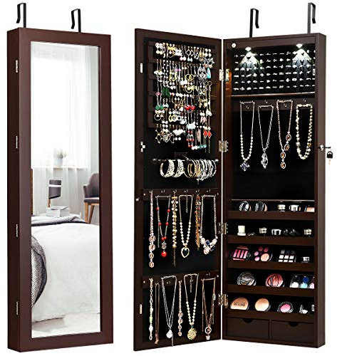 COSTWAY Schmuckschrank hängend, 2 in 1 Spiegelschrank mit LED Leuchten & 2 Schubladen, Hängeschrank abschließbar, Wandschrank Schmuck Organizer zur Wand-/Türmontage (Braun)