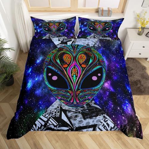 Feelyou Trippy Alien-Bettwäsche-Set für Doppelbett, Kinder, Jungen, buntes Weltraum-Galaxie-Bettwäsche-Set, psychedelisches Hippie-Graffiti-Bettbezug, Boho, Alien-Bettwäsche, für Erwachsene, Herren,