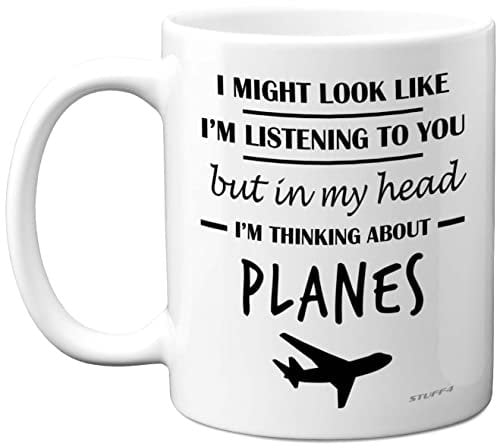 Stuff4 Aviation Gifts - in My Head I'm Thinking About Planes Mug - Funny Spitfire Gifts for Men, Aeroplane for Pilots, 11oz Ceramic Dishwasher Safe Premium Mugs Novelty Aircraft Cup