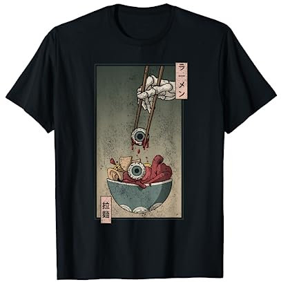 Weirdcore Aesthetic T-Shirt Augapfel Japanische Ramen-Nudeln Skelett Hand Schwarz Unisex Klein