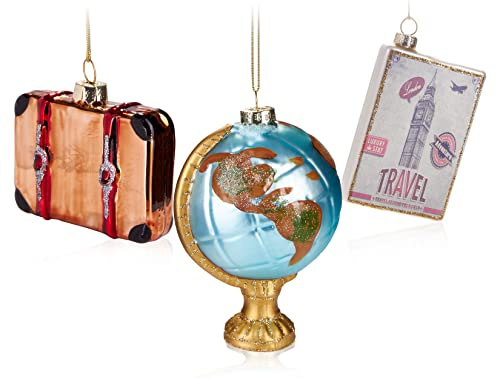 BRUBAKER Baumkugel Set Travel Around the World - Handbemalte Weihnachtskugeln Globus Koffer Reiseziel London - Mundgeblasener Christbaumschmuck aus Glas für Weltenbummler - 3tlg. Baumschmuck Lustig