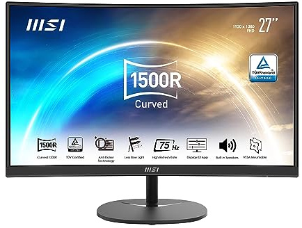 msi PRO MP271C Monitor da ufficio curvo FHD da 27 pollici - Pannello VA 1500R 1920 x 1080, 75 Hz, Schermo Eye-Friendly, Contrasto 4000:1, Speaker integrati - HDMI 1.4b e VGA
