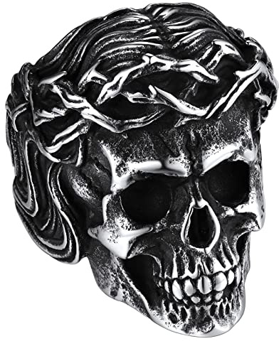 FaithHeart Edelstahl Herren Ring Jesus Dornenkrone Fingerring Punk Gotik Siegelring Vintage Bandring Fingerring in Ringgröße 54-72 für Geburtstag Vatertag Muttertag
