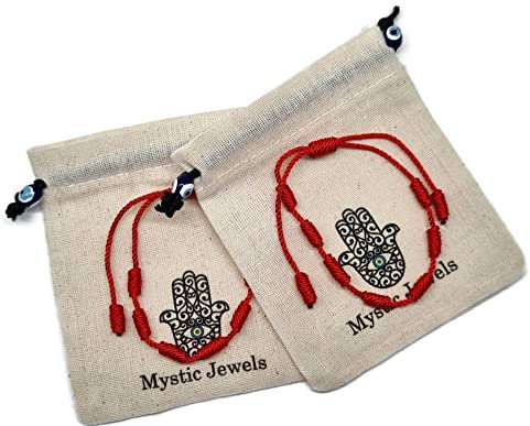 MYSTIC JEWELS By Dalia, braccialetto Cabala, in cordoncino di filo rosso, con 7 nodi, unisex, regolabile, per la protezione contro il malocchio, portafortuna (2 pezzi)