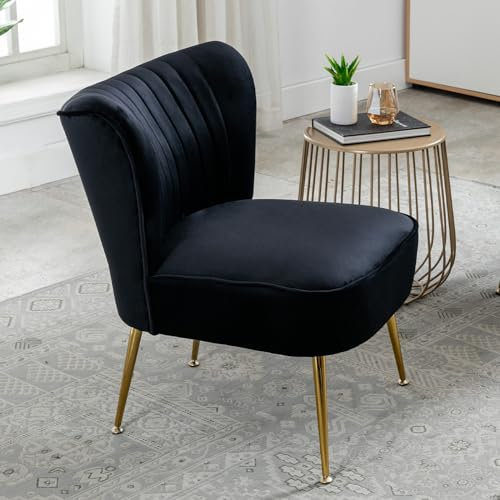 chairus Samt Polsterstuhl mit Metallbeinen Gepolsterter Einzelsofa Moderner Lesesessel für Balkon Wohnzimmer (Schwarz-1er)