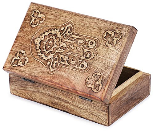 Ajuny Scatola Decorativa in Legno Intagliata a mano con Intagli di Hamsa - Uso Multiuso come Contenitore per Gioielli, Portaoggetti o Scatola per Orologi Ideale come Regalo