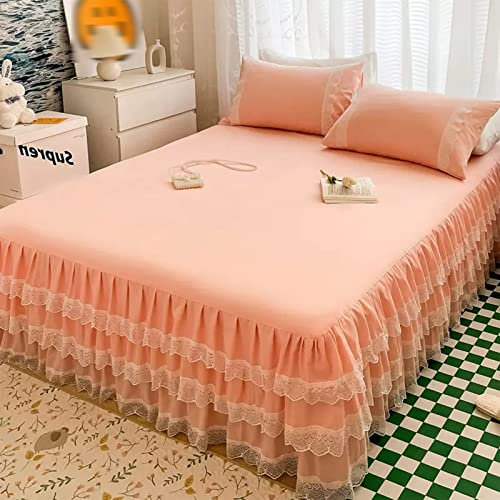 Yudeyu Set da 3 Pezzi Gonna da Letto Federa Bordo in Pizzo copriletto Tessuto garzato Lavato Coprimaterassi (Colore : Jade Color, Taglia : 180x220cm+45cm)