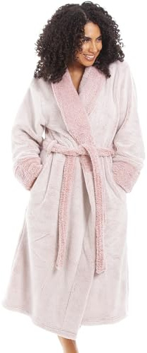 Camille Women's Super Soft Fleece Dressing Gown | Deep Pile, Shaggy Knee-Length Bathrobe, Collar, Long Sleeves, Wrap Belt & Front Pockets, Lightweight, Comfy Housecoat