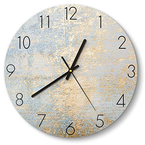 DEQORI Glasuhr | rund Ø 30 cm | Motiv Wand mit Gold-Struktur | ausgefallene leise Design Uhr aus Glas | Wanduhr für Wohnzimmer & Küche | Moderne Hingucker Uhr für die Wand