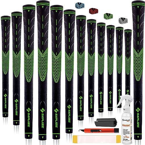 SAPLIZE Golf Grips Set of 13 with Solvent Kit, Oversize, Rubber Golf Club Grips, Green CC01S Series