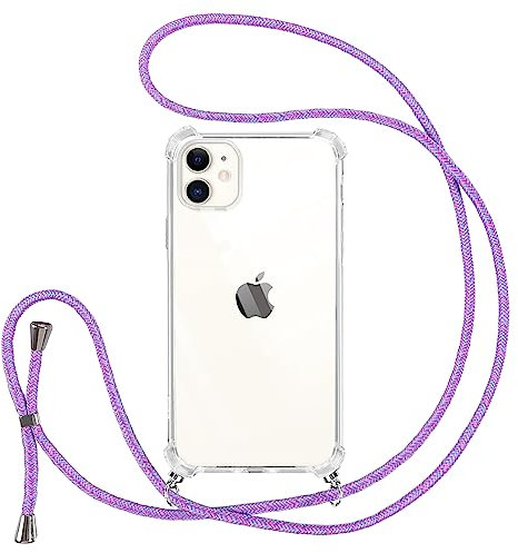 Vauki handyband für iPhone 11 Hülle mit Band, Durchsichtig Transparent Silikon Handyhülle mit Kette Kordel zum Umhängen, TPU Bumper Case für iPhone 11, Lila 01