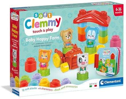 Clementoni - 17884 - Soft Clemmy - Baby Happy Farm - Bauset für die erste Kindheit, weiche Clemmy-Steine, Blöcke für Kinder 6 Monate, sensorisches Spiel, waschbar, Made in Italy