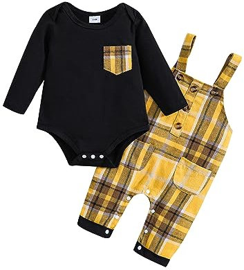 Haokaini Newborn Baby Boy Clothes Set Long Sleeve Gentleman Suit Solid Color Romper Bodysuit Plaid Overalls Suspender Trousers Outfits 0-18M
