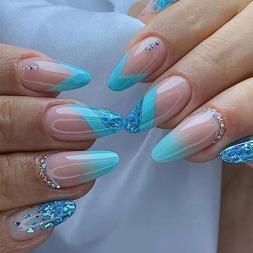 TMUT 24pcs French Tip False Nails Almond Stick on Nails Glitter Blue Press on Nails with Rhinestones Removable Glue-on Nails Full Cover Fake Nails Women Girls Nail Art Accessories, Variety Pack