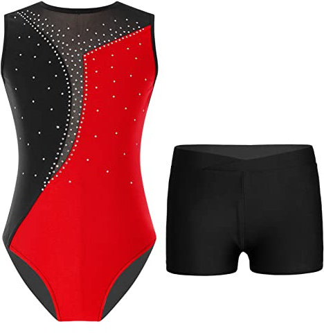 iiniim Mädchen Gymnastikanzug mit Shorts Glitzer Turnanzug Ärmellos Gymnastik Leotard Ballett Trikotanzug Wettbewerb Tanzkostüm D Rot&Schwarz 134-140