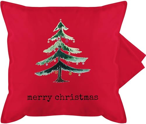 Kissenbezug - Weihnachtskissen Geschenke - Merry Christmas Aquarell Baum Wunschtext - 50 x 50 cm - Rot - kissenhülle weihnachtsmotiv kissenbezüge weihnachtlich weihnachten tannenbaum kissenhüllen