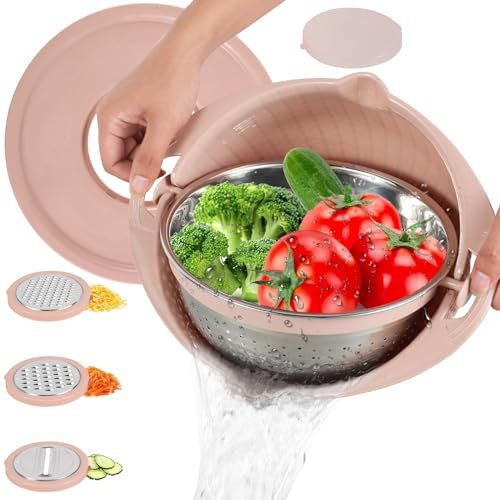 Fyeme Colador de Cocina 3 en 1 Multifunción Con Cuenco - Acero Inoxidable Para Pasta, Frutas y Verduras - 3 Ralladores, Remojar, Lavar y Escurrir (Rosa)