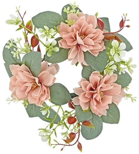 Yardwe Künstliche Rosen-Kerzenringe Blumenkränze mit Eukalyptusblättern Grüner Stumpenkerzen-Laternenring für Hochzeit Tafelaufsatz Weihnachtsfeier Heimtischdekoration