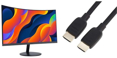 KOORUI 24-Inch Curved Computer Monitor- Full HD 1080P 60Hz Gaming Monitor 1800R LED Monitor HDMI & Amazon Basics HDMI Cable, 48Gbps High-Speed, 8K@60Hz, 4K@120Hz, Gold-Plated Plugs, Ethernet Ready