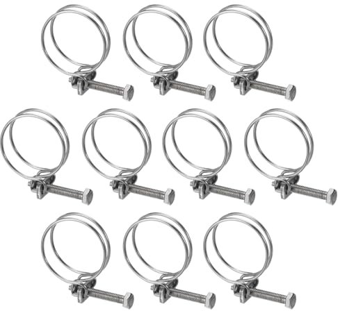 sourcing map 10Pcs Double Wire Hose Clamp, 34-38mm Adjustable Stainless Steel Wire Hose Clips with M6 Bolt for Dust Collection Hose, Pump Hose Pipe