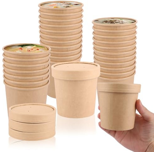 SHUESS 50 Stück 380ml Pappbecher mit Deckel, Runde Suppenschalen mit Deckel – Suppenbecher to go mit Deckel Braun Eisbecher Pappe – Becher mit Deckel für Suppen und Desserts, Mikrowellengeeignet