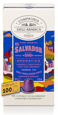 Caffè Corsini - El Salvador 100 Capsules Compatibles Nespresso, Café 100% Arabica, Intensité 9/13, 10 Boîtes de 10 Capsules, 520g