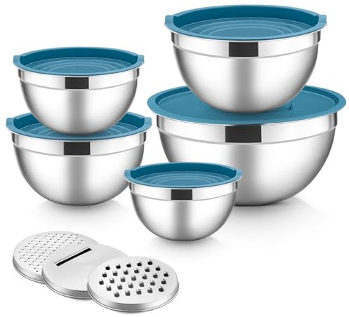 HaWare Stainless Steel Mixing Bowls, 5 Piece Salad Nesting Bowl Set with Airtight Lids & 3 Grates, Idea for Baking/Serving/Prepping/Food Storage, Heavy Duty & Dishwasher Safe- 0.7/1/1.5/2.6/4.6L, Blue