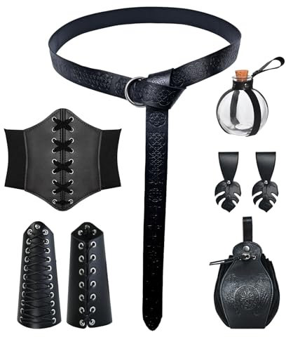 MVFEUIJ Halloween Nekromanten Anzug, Mittelalter Kleidung für Damen Herren Accessoires Set, Retro Schal Armschienen Gürtel Tasche Retro Zubehör 6 Set (Schwarz)