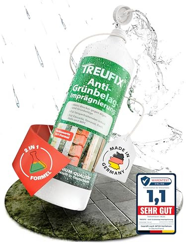 Treufix - Anti-Grünbelag Imprägnierung | Steinimprägnierung [2in1-Formel] 1L für ca. 20 – 30m² zum dauerhaften Schutz vor Algen, Grünbelag, Grünspan, Flechten und Pilzen | Made in DE