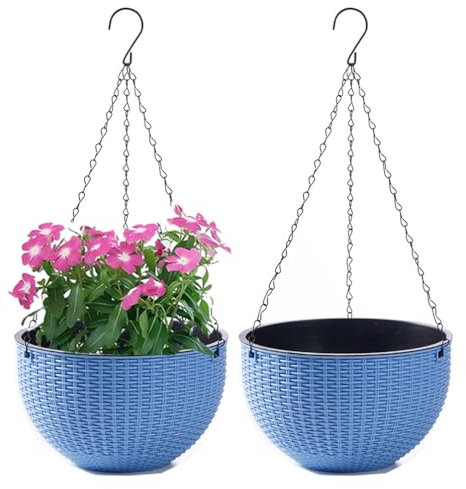 WOWEI 2 Pezzi Vasi da Parete, Vasi da Appendere in Plastica, Vasi da Fiori Sospesi Autoirriganti Vasi da Parete con Serbatoio dell'acqua e Foro di Scarico, Porta Vasi Sospesi con Catene (Blu, L)