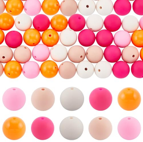 SOFPLATE 1 Box 60Pcs Red Silicone Bead 15mm Round Silicone Beads Bulk Large Pink Orange Candy Color Focal Loose Bubblegum Rubber Bead for jewellery Making Bracelet pen keychain beading DIY Supplies