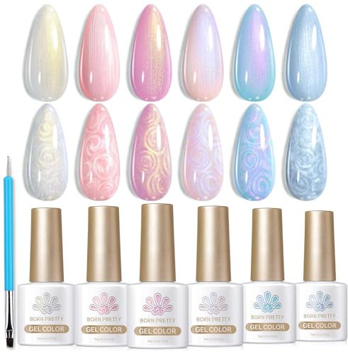 Born Pretty U V Nagellack Rosa Weiß Blau Pearl Effect - Gel Nagellack Muschel Strudel Faden Effekt U V Lack Aurora Iridescent Glitter Shimmer Mermaid Zeichnung Maniküre und Nagelkunst DIY
