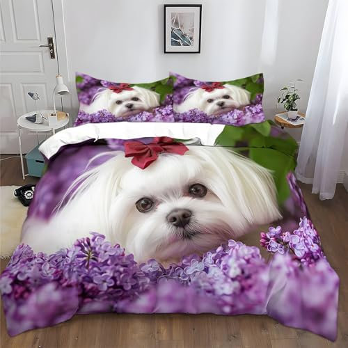 Cane Maltese Bianco Con Fiori Lilla Viola Set Copripiumino 200x200 Morbida Microfibra con Federe Viola Set Copripiumino 3 pezzi con Chiusura a Cerniera per Bambini Adolescenti Adulti