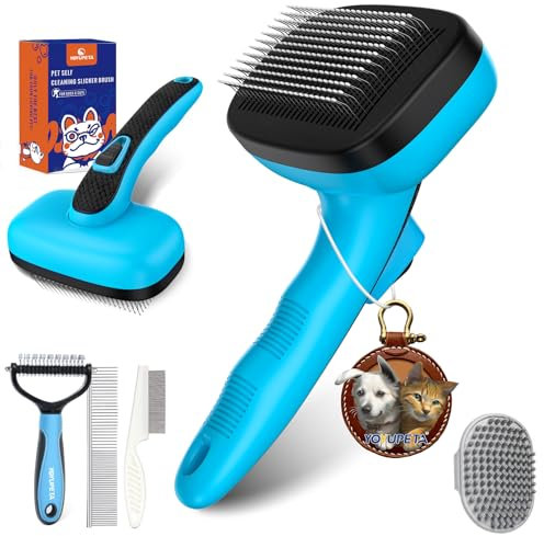 YOYUPETA 5 PCS Dog Grooming Kit – Self Cleaning Slicker Brush for Shedding Short & Long Haired Dogs & Cats. Removes Loose Fur, Undercoat, Mats, Tangles. Suit for Small, Medium & Large Pets. Blue