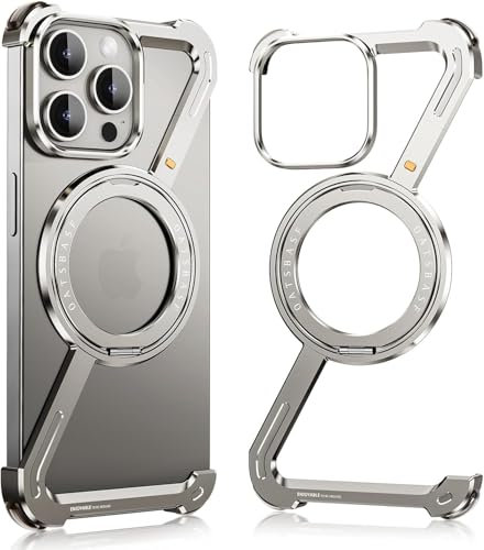 SEZQMA Metal Bumper Case for iPhone 16 Pro, Minimalist Z Aluminum Cover Design, Compatible with MagSafe, Ultra Thin Frameless Frame with 360° Rotatable Magnetic Ring, Natural Titanium