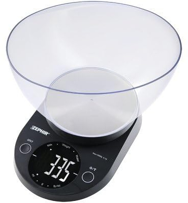 Zephir, Bilancia Digitale da Cucina, Max 5Kg, Recipiente 2.5L, Graduazione 1g, Diverse Unità Misura, Display LCD 56 mm, Sensori Alta Precisione, Funzione Tara, Autospegnigmento