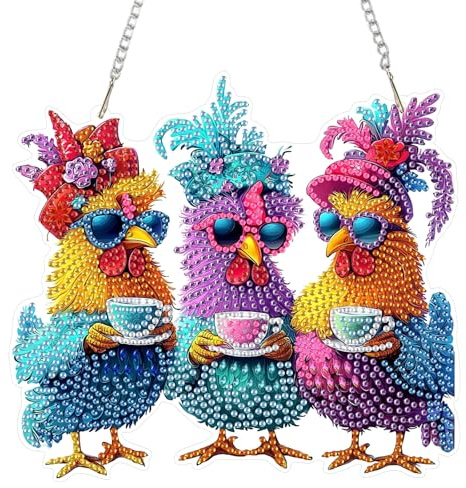 DOMROM Huhn Diamond Art Painting Anhänger, Diamond Painting Fensterbilder anhänger, Diamond Painting Hängende Ornament für Kinder Erwachsene Diamant Malerei Basteln Tür Wand Fenster Deko